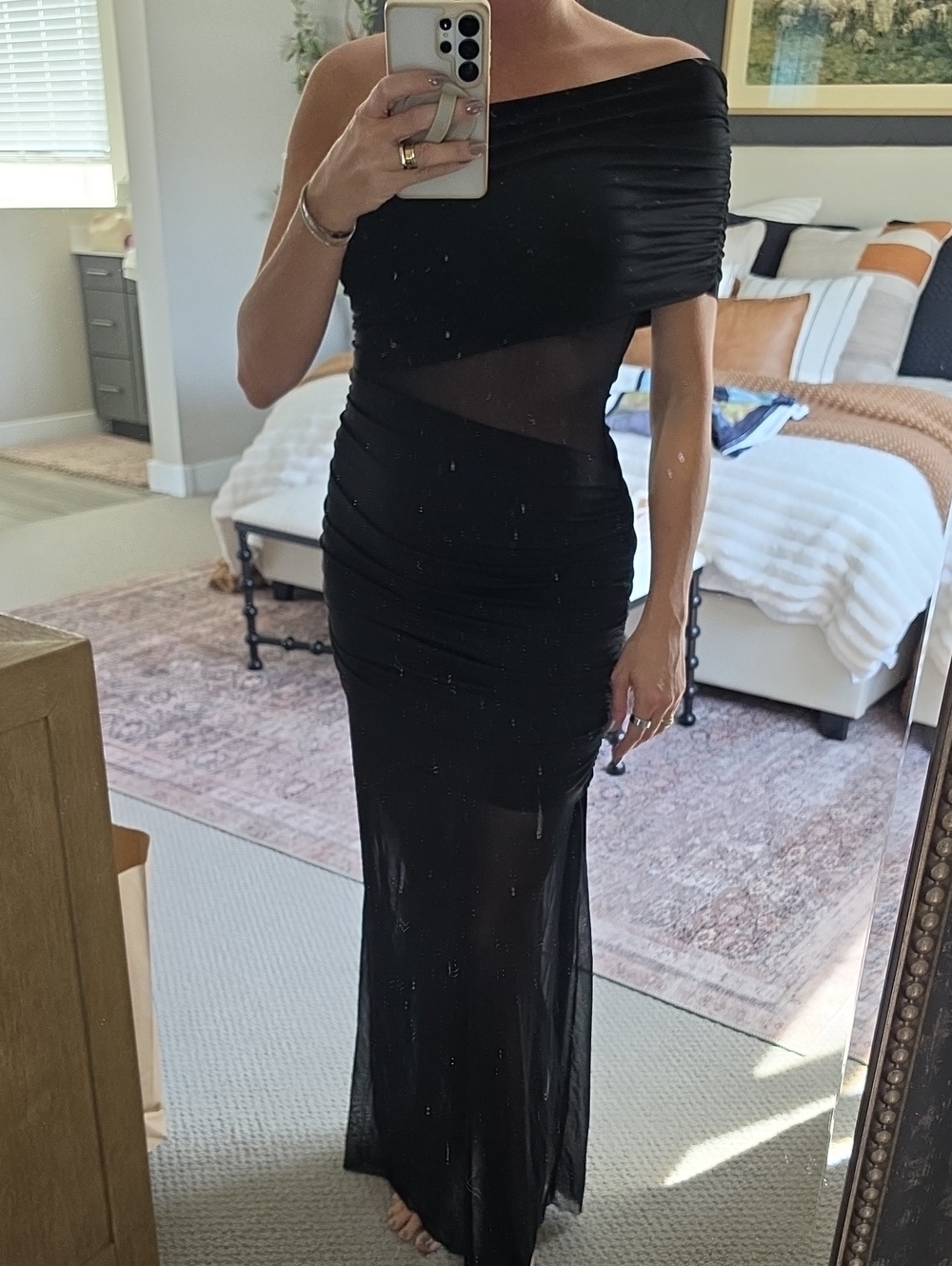 Black One-Shoulder Ruched Mesh Evening Dress